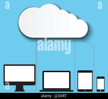 Il cloud computing concetto. I computer client comunica con le risorse che si trovano nel cloud . Illustrazione Vettoriale