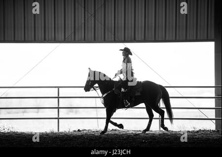 Salado, Texas, Stati Uniti d'America. Cowboy riprese montate caso Texas. Silhouette di piloti prima della concorrenza durante il warmup. Foto Stock