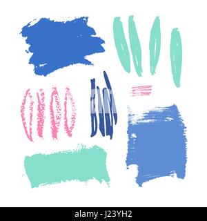 Un set di colorate pennellate, isolato su sfondo bianco. Disegnata a mano elementi di design grafico in blu e rosa e verde con copy-spazio. Illustrazione Vettoriale