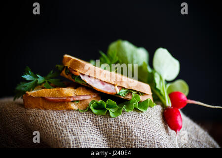 Fritte sandwich caldi con salsiccia e foglie di insalata Foto Stock