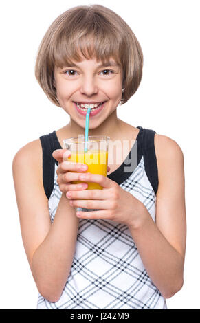 Ragazza di bere succo di arancia Foto Stock