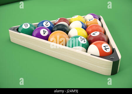 Piscina palle da biliardo in un rack in legno, comunemente utilizzata la posizione di partenza. 3D immagine su sfondo verde. Foto Stock