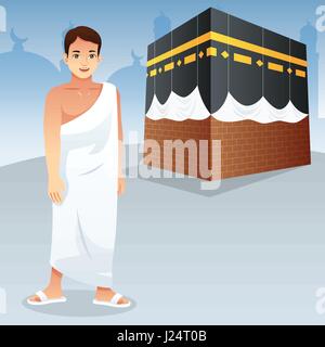 Una illustrazione vettoriale di uomo musulmano di fronte Kaaba Illustrazione Vettoriale