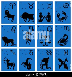 Set di dodici silhouette nera di segni zodiacali illustrazione vettoriale: Ariete, Toro, Gemelli, Cancro, Leone, Vergine, Bilancia, Scorpione, Sagittario, Capricorno Illustrazione Vettoriale