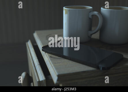 Un vero e proprio concetto life scena mostrando un comodino con sporco tazze da caffè e un generico smartphone a notte - 3D Render Foto Stock