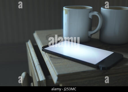 Un vero e proprio concetto life scena mostrando un comodino con sporco tazze da caffè e un generico smartphone illuminata di notte - 3D Render Foto Stock