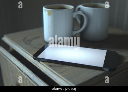 Un vero e proprio concetto life scena mostrando un comodino con sporco tazze da caffè e un generico smartphone illuminata di notte - 3D Render Foto Stock