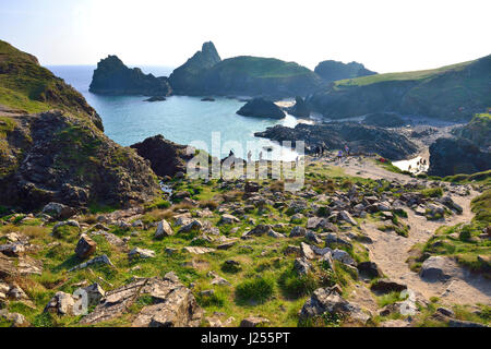 Le persone che si godono la sabbia bianca a Kynance Cove, Helston, Lizard Cornwall, Inghilterra UK.una delle spiagge più spettacolari del mondo Foto Stock