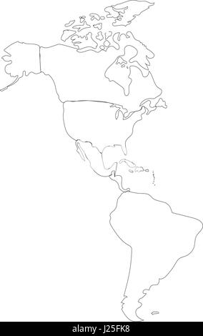 Vettore di linea di contorno mappa del Nord e Sud America su bianco. Illustrazione Vettoriale