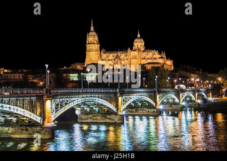 Bellissima vista del centro storico della città di Salamanca con la nuova cattedrale e il ponte ENRIQUE ESTEBAN di notte, Castilla y Leon Regione, Spagna Foto Stock