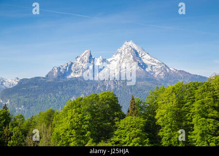 Vista ingrandita del famoso Watzmann picco di montagna in una bella giornata di sole con cielo blu e nuvole in estate, Nationalpark Berchtesgadener Land di Baviera Foto Stock
