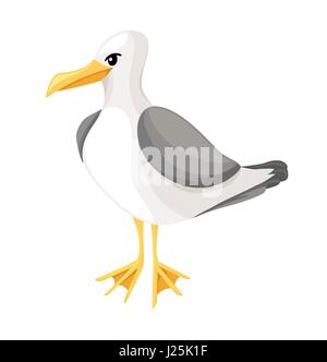 Seagull su sfondo bianco in stile cartoon mare oceano, bird icona o il pulsante in stile appartamento, isolato illustrazione vettoriale Illustrazione Vettoriale