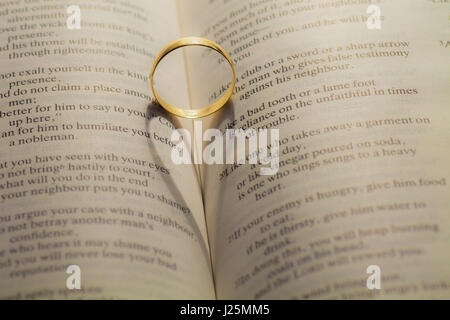 Gli anelli di nozze la colata di una forma di cuore su un libro Foto Stock