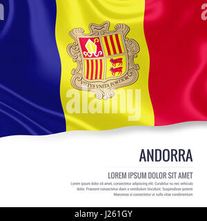 Bandiera di Andorra. Silky bandiera di Andorra sventolando isolato su un fondo bianco con il testo bianco spazio per il tuo annuncio messaggio. Il rendering 3D. Foto Stock