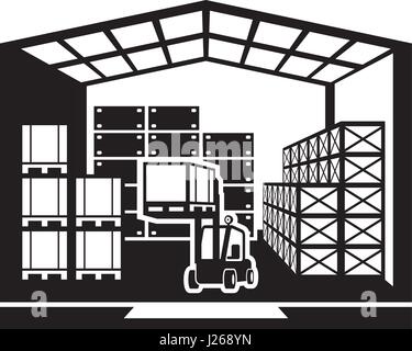 Carrello elevatore trasporta i pallet in warehouse - illustrazione vettoriale Illustrazione Vettoriale