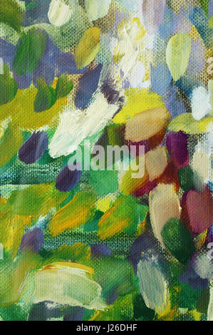 Abstract macchie caotica di multi colore vernice acrilica sulla verticale di una tela bianca. Simlpe concetto di sfondo Foto Stock