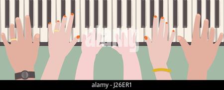 Le mani del padre, madre e bambino suonare il pianoforte insieme dalla vista dall'alto in stile cartoon Illustrazione Vettoriale