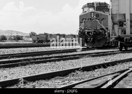 Grand Junction, Stati Uniti d'America - 28 Maggio 2016: i motori delle società Union Pacific e BNSF in piedi sui binari della stazione ferroviaria. Foto Stock