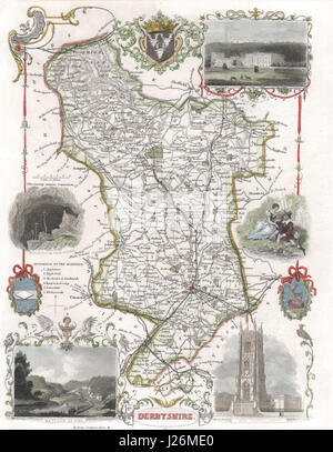 Derbyshire antique colorate a mano county map. Le ferrovie. MOULE c1840 vecchio Foto Stock