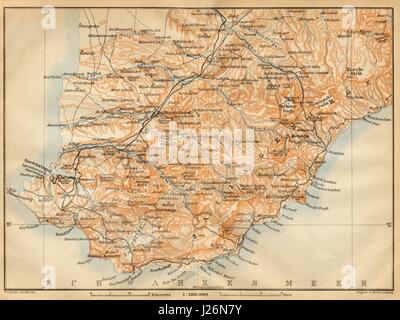 Southwest Crimea / Crimea montagne. L'Ucraina. BAEDEKER 1912 antica mappa Foto Stock