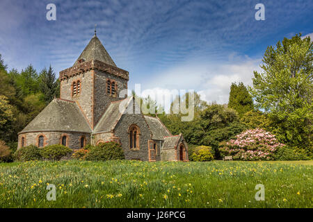 Southwick Chiesa Parrocchiale con narcisi e rododendri in primavera - basso angolo di visione. Periodo vittoriano chiesa nel villaggio di Caulcurbush, Dumfries un Foto Stock