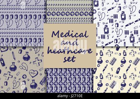 La sanità e la medicina. Sei vettore doodle seamless patterns con termometro, cuore, uno stetoscopio, croce, provette e pillole. Medical disegnata a mano Illustrazione Vettoriale