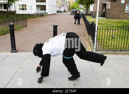 La Metropolitan Police officer Tom Harrison, che va sotto il nome di Mr Gorilla in Bermondsey South East London, come egli è stato strisciando la maratona di Londra in un costume gorilla poiché la gara ha avuto inizio la domenica mattina. Foto Stock