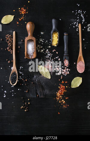 Varietà di diverse sale colorato zafferano giallo, rosa, nero himalayan, mare bianco e fleur de Sel in cucchiai di legno con il nero, il peperoncino, il pepe della Giamaica pepp Foto Stock