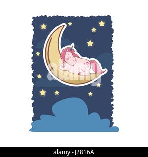 Sleeping unicorn sulla luna con stelle notte design cloud Illustrazione Vettoriale