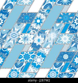 Vettore senza giunture astratto modello patchwork con figure geometriche e ornamenti floreali, fiori stilizzati, punti di pizzo. Vintage stile Boho. Illustrazione Vettoriale