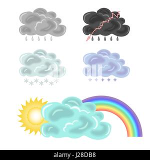 Cinque varianti di nuvole, rainbow e sun. Pioggia, neve, grandine Illustrazione Vettoriale