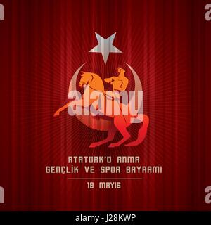 19 mayis Ataturk'u Anma, Genclik ve Spor Bayrami greeting card design. 19 maggio commemorazione di Ataturk, della gioventù e dello sport il giorno. Illustrazione Vettoriale. Tur Illustrazione Vettoriale