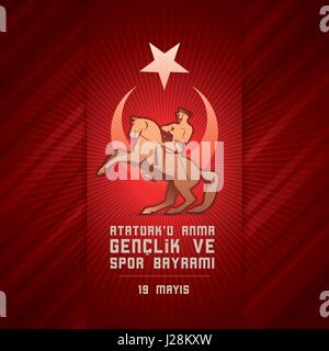 19 mayis Ataturk'u Anma, Genclik ve Spor Bayrami greeting card design. 19 maggio commemorazione di Ataturk, della gioventù e dello sport il giorno. Illustrazione Vettoriale. Tur Illustrazione Vettoriale