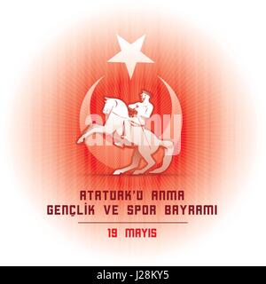 19 mayis Ataturk'u Anma, Genclik ve Spor Bayrami greeting card design. 19 maggio commemorazione di Ataturk, della gioventù e dello sport il giorno. Illustrazione Vettoriale. Tur Illustrazione Vettoriale