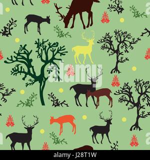 Seamless pattern vettore forrest: con nero, rosso, marrone e giallo di cervi e nero, alberi verdi su sfondo verde Illustrazione Vettoriale