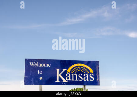 Kansas segno di benvenuto al confine tra Kansas e Missouri Foto Stock