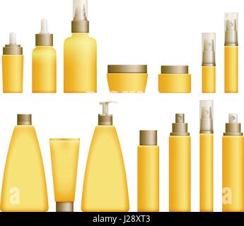 Giallo realistico flaconi cosmetici impostato su sfondo bianco. Crema cosmetica contenitori e tubi per creme, lozioni e shampoo, gel e balsamo in yello Illustrazione Vettoriale