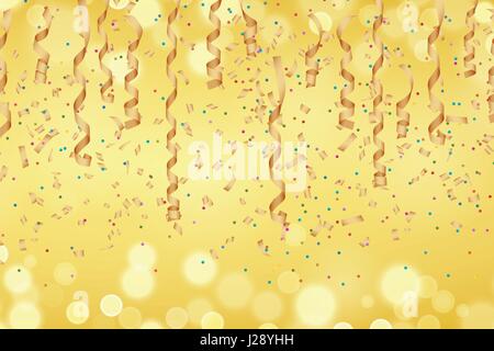Curly golden nastro di carta ed i coriandoli sfocate su sfondo dorato. Illustrazione Vettoriale, perfetto per il nuovo anno o il biglietto di auguri di compleanno. Illustrazione Vettoriale