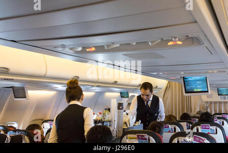 Tokyo, Giappone - 8 aprile 2017: gli assistenti di volo che serve la prima colazione a bordo di un boeing 737, Turkish airlines. Foto Stock