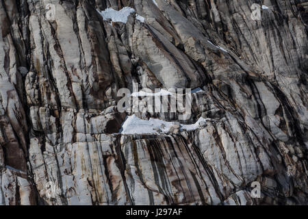 Erosi roccia di granito a parete con diverse incrinature in diverse sfumature di grigio e macchie di neve in inverno Foto Stock