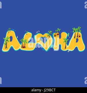 Gruppo di isole creando la parola aloha. Aloha scritte a mano con isole esotiche. Illustrazione Vettoriale