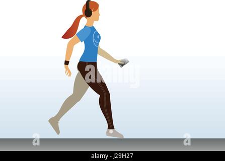 Sport carina ragazza che corre con la musica nelle sue cuffie. Fare jogging al mattino Illustrazione Vettoriale