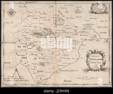 Rutland. "COMITATUS ROTELANDIAE' DI ROBERT MORDEN. Oakham & Uppingham c1753 mappa Foto Stock