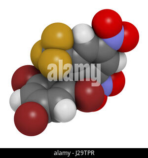 Rodenticida Bromethalin molecola (ratticidi). Il rendering 3D. Gli atomi sono rappresentati come sfere con i tradizionali colori: idrogeno (bianco), carbonio Foto Stock