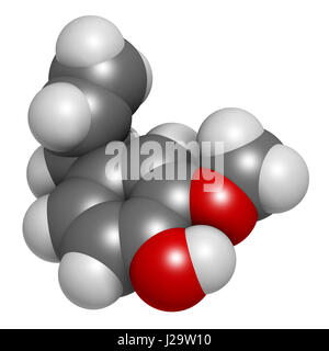 Eugenolo di olio essenziale erboso molecola. Presente in chiodi di garofano, noce moscata, ecc. Il rendering 3D. Gli atomi sono rappresentati come sfere con i tradizionali colori: Foto Stock