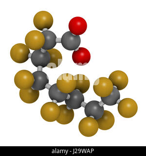 L'acido perfluoroottanoico (PFOA, perfluoroottanoato) inquinanti cancerogeni molecola. Il rendering 3D. Gli atomi sono rappresentati come sfere con co convenzionale Foto Stock