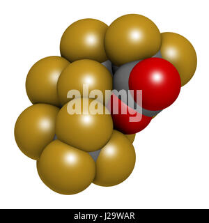 L'acido perfluoroottanoico (PFOA, perfluoroottanoato) inquinanti cancerogeni molecola. Il rendering 3D. Gli atomi sono rappresentati come sfere con co convenzionale Foto Stock