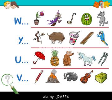 Illustrazione del fumetto di trovare foto iniziando con cui lettera gioco educativo per bambini in età prescolare Illustrazione Vettoriale