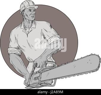 Schizzo di disegno illustrazione dello stile di lumberjack arborist tree chirurgo indossando il casco azienda operante una motosega se visto dalla parte anteriore impostato all'interno del cerchio Illustrazione Vettoriale