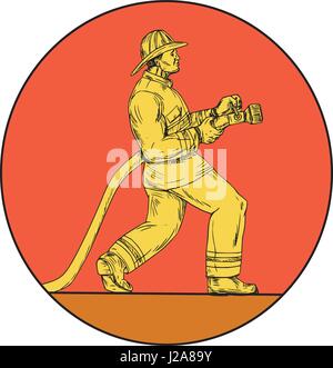 Disegno stile sketch illustrazione di un vigile del fuoco fire fighter lavoratore di emergenza tenendo tubo antincendio visto dal lato impostato all'interno del cerchio sul retro isolato Illustrazione Vettoriale